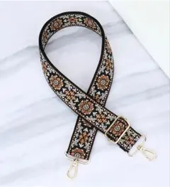 ①花柄刺繍ショルダーストラップ　ショルダー紐　バッグ　紐　ブラック 黒　細め