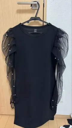 SHEIN ブラック パフスリーブ パール ワンピース