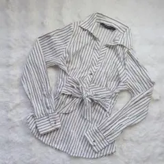 ZARA BASIC ウエストリボン ストライプシャツ M相当 ストレッチ素材のサムネイル