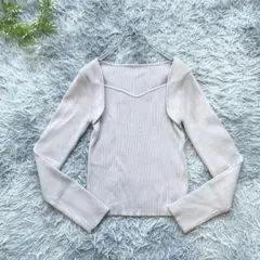 GRL【M】リブニット 長袖 デコルテライン ベージュ系 きれいめ ハートネック