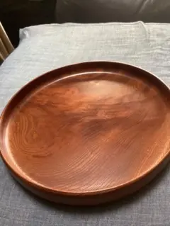 中古）天然木 欅風 くり抜き 丸盆 木製盆 菓子器 盛器 昭和レトロ 箱