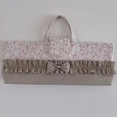 ピアニカケース メロディオン お花とイチゴ柄　フリル　ベージュ系のサムネイル
