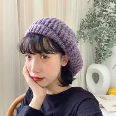 新品未使用　パープル ニット ベレー帽 編み込みデザイン