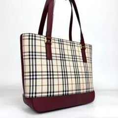 美品　バーバリー ノバチェック トートバッグ ボルドー レザー A4収納　肩掛け