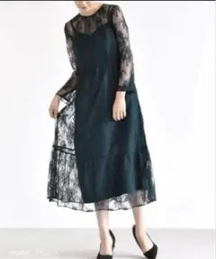 Kaene ダークグリーン レースドレス 長袖