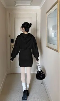 フード付き ミニワンピース ブラック