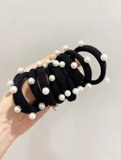 パール付きブラックヘアゴム10個セット黒