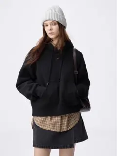 【新品】GU ジーユー ヘビーウェイトスウェットショートパーカ L ブラック