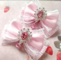 リボン ヘアクリップ 左右2個セット 量産型 地雷系 ライトピンク×白レース