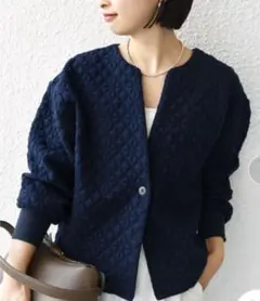 新品タグ付き　SHIPS キルティング　ジャガード　カーディガン　ネイビー