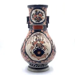 【骨董・金襴手】古伊万里様式 染錦花瓶文 遊環耳付飾壺 大花瓶 銘有 骨董・金襴手】古伊万里様式 染錦花瓶文 遊環耳付飾壺 大花瓶 銘有