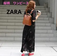 ZARA　桜柄ロングシャツワンピース　ブラック　Мサイズ　花柄