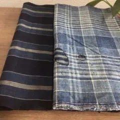 古布藍染浅葱染め　時代物布団皮ハギレ　格子柄縦縞柄セット　ハンドメイド用