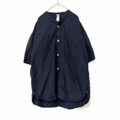 美品 MHL コットンリネンバンドカラーシャツ 半袖 ブラウス 麻 ブルー
