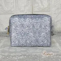 スクエアポーチ　ボックスポーチ　リバティフローラルレース　ブルー　ハンドメイド