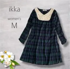 ikka イッカ チェック柄 ワンピース レース襟 長袖 M 可愛い お洒落のサムネイル