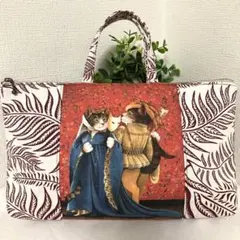 ハンドメイド☆仮面猫貴族柄ファスナー付きバッグ、バッグインバッグ、コスメポーチ