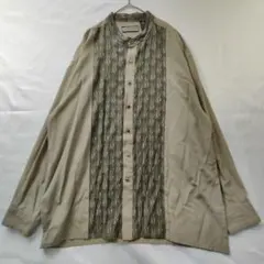 NEW STEP　長袖シャツ　バンドカラー　切り替え　レトロボタン　カーキ　XL