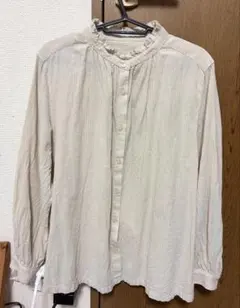 studio clipストライプ柄フリル襟長袖シャツ アイボリー　ベージュ