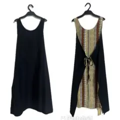 ☆ 新品 タグ付 エプロン ワンピース ドレス ラップ　２way 黒　柄