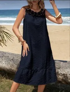 最終値下げ　ネイビー ノースリーブドレス レース装飾