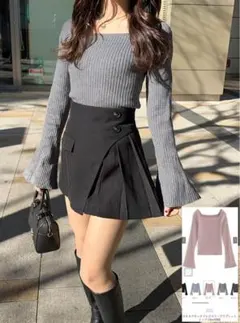 GRL スクエアネックフレアスリーブリブニットトップスru1056