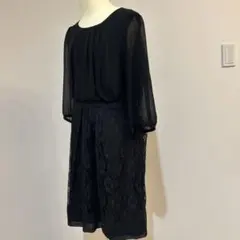 13号/シフォン七分袖ワンピース　膝丈/黒色