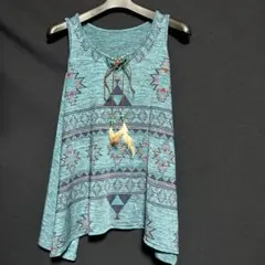 ボヘミアン　幾何学模様の青系タンクトップ