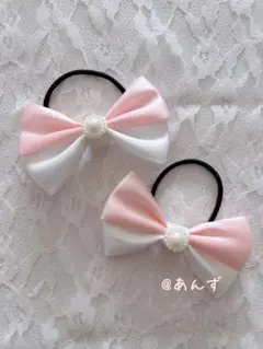 ハンドメイド　ヘアゴム　リボン　ホワイト　ピンク