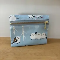 フタにファスナー☆移動ポケット☆シマエナガ☆ブルー☆ハンドメイド