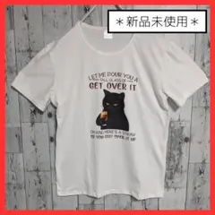 ☆猫　プリント　Tシャツ　カットソー　イラスト　XL　ホワイト　黒猫　白　ねこ