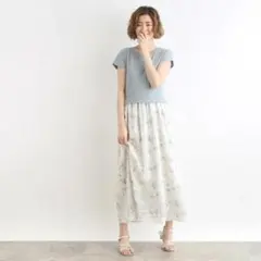 grove リブジャージ　花柄スカー　ドッキングワンピース　グリーン