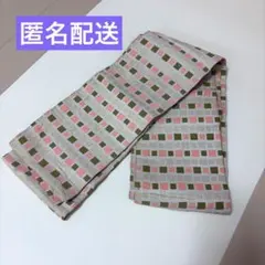 幾何学模様　半幅帯　ピンク　緑　ゴールド