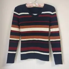 INGNI ボーダー リブ編みVネック ニットセーター Ｍ ネイビー系