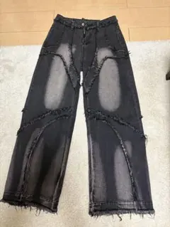 ダメージ加工 ブラックデニム ワイドレッグパンツ