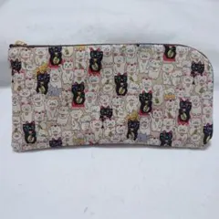 ハンドメイド 招き猫 長財布 和柄 L字型ファスナー 猫柄 縁起物 ポーチ