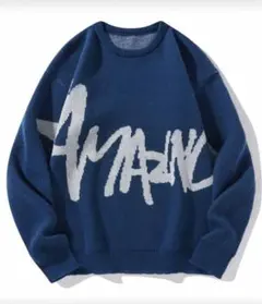 【完売品】青 グラフィックニットセーター L 秋冬 長袖 【セール中】