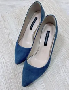 青 スエード ポインテッドトゥ パンプス
