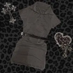 平成Y2k 古着 グランジ ギャル ベルト ドクロ グレー シャツ ワンピース