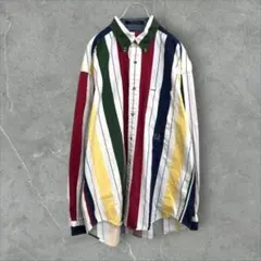 【k7069】希少USA古着90sトミーヒルフィガー刺繍ロゴ長袖ストライプシャツ