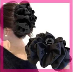 ボリュームフリル付きヘアクリップ リボン柄 大きめ バンスクリップ ビッグ 黒