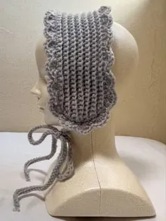 フリルイヤーマフ 耳あて ヘッドドレス グレー ハンドメイド 編み物