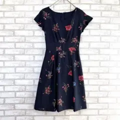プロポーションボディドレッシング　花柄 フレアワンピース　紺　M フリル　タック