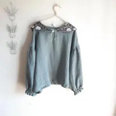 ハンドメイド☆[M~L]フレンチリネンセーラーカラーふんわり袖ブラウスピンパネル