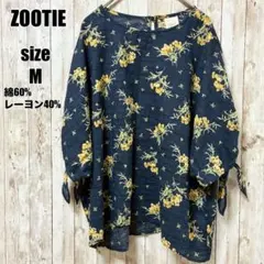 【zootie】花柄ブラウス 袖リボン ドロップショルダー M 紺 綿レーヨンのサムネイル