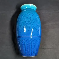 青い花瓶 陶器製 花模様 木箱入