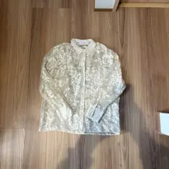 ZARA 花柄シアーシャツ L 総柄 ジャガード シースルー 長袖 ベージュ