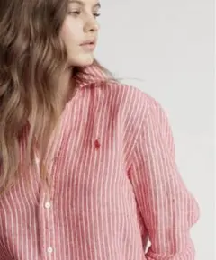 レアカラー❤︎ラルフローレン　ワンポイント刺繍ストライプリネンシャツオレンジレッド