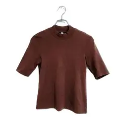 ユニクロ ブラウン ハイネック 五分袖 Tシャツ M モックネック 美品 綿