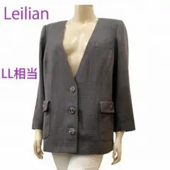 美品★レリアン★グレーチェック柄★ノーカラージャケット★大きいサイズLL相当